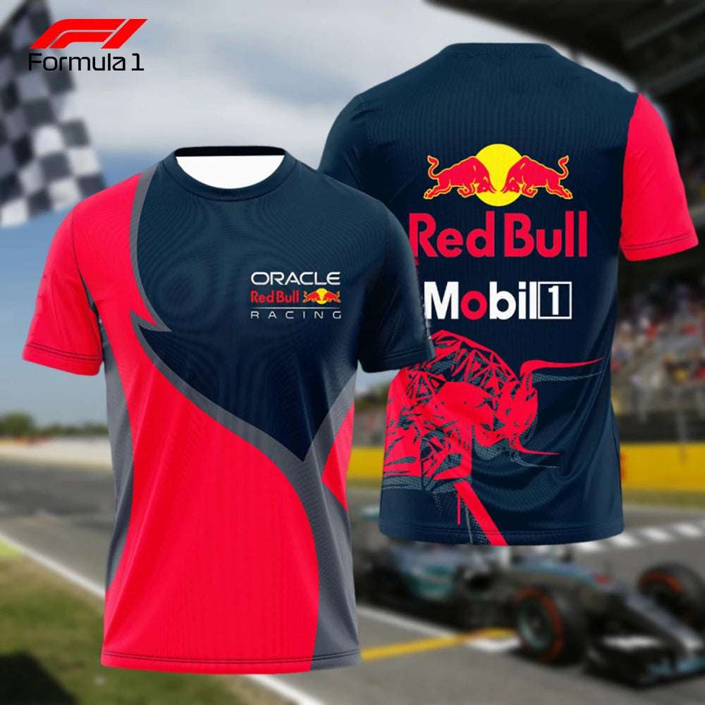 Red Bull Oracle F1 racing team t-shirt with red and navy blue design and sponsor logos front and back