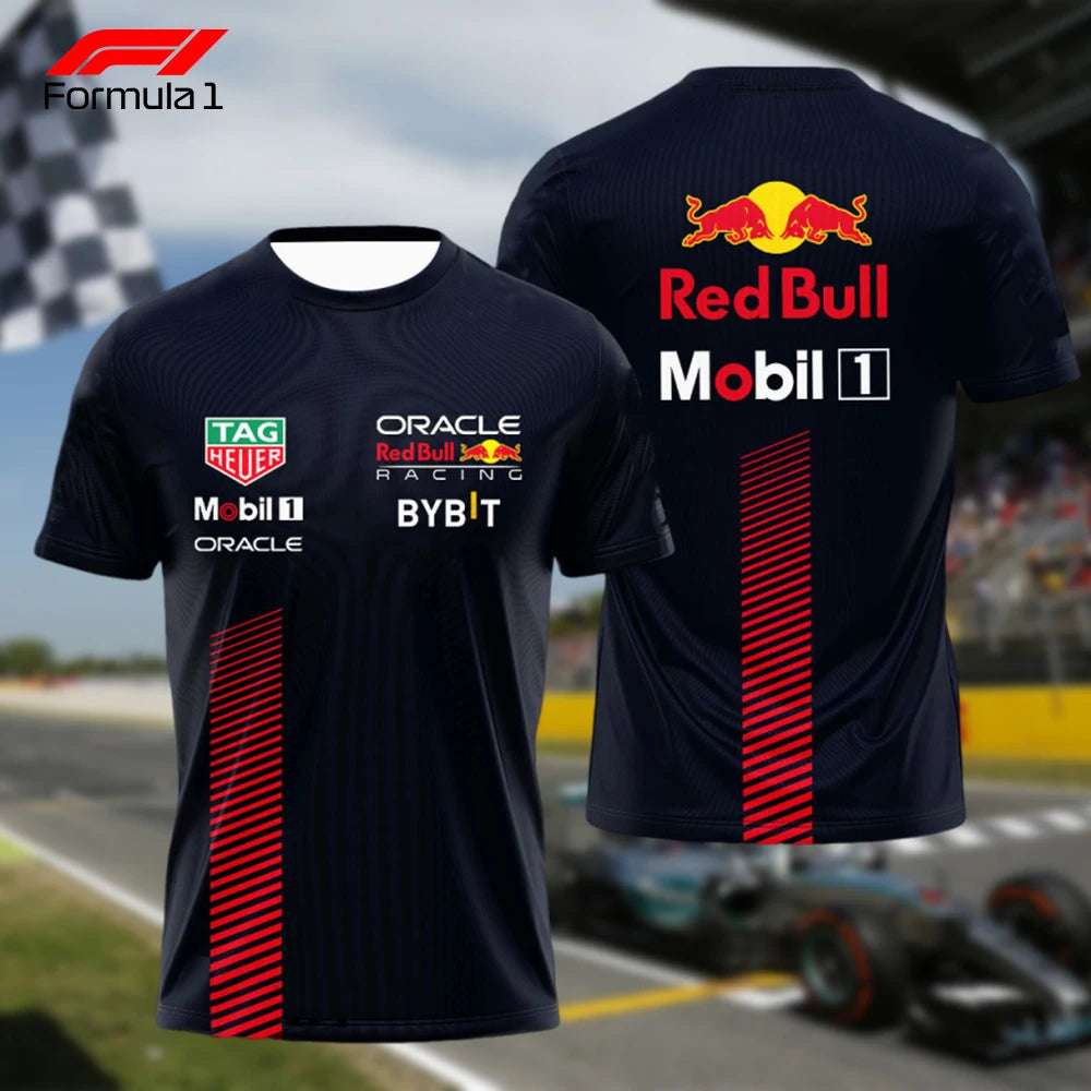Red Bull F1 racing team t-shirt with sponsor logos in black and red stripe design