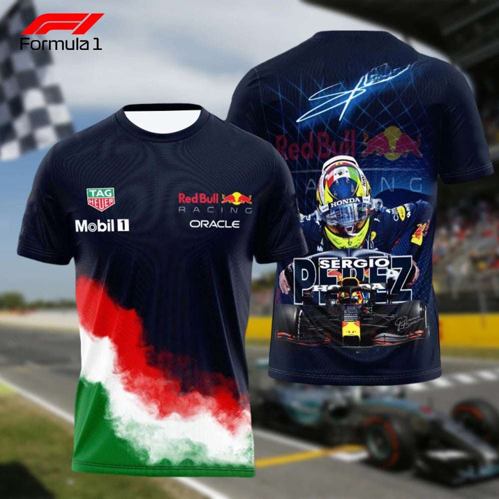F1 racing team t-shirt featuring Red Bull Racing design with Sergio Perez driver graphics