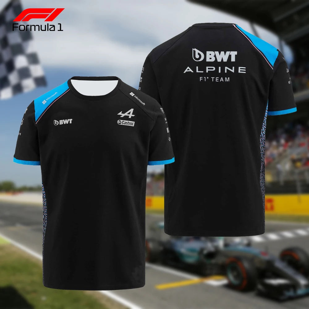Black Alpine F1 team shirt with blue accents and sponsor logos front and back view