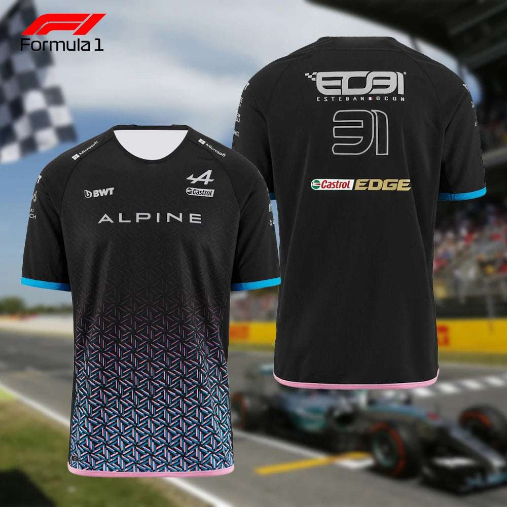 Black Alpine F1 team shirt featuring logos and geometric design with blue and pink trim