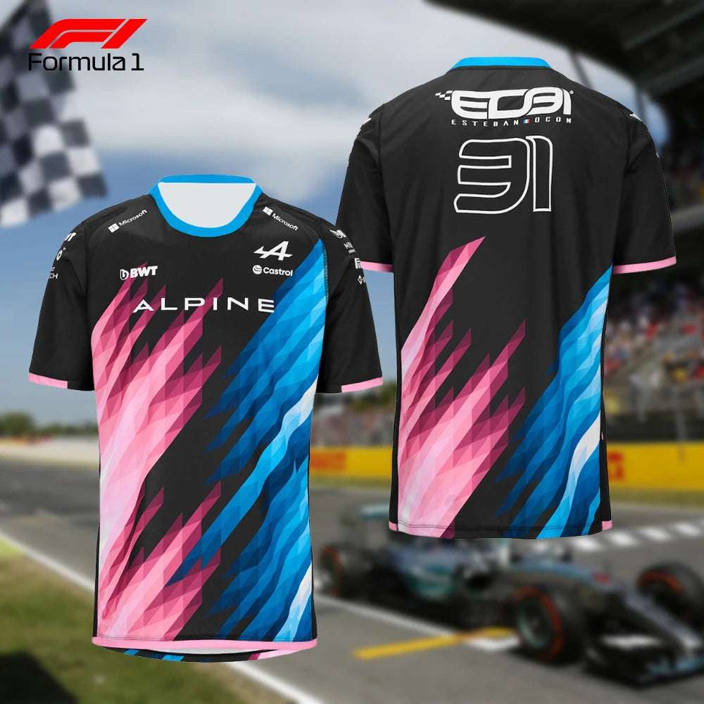 Alpine F1 team shirt with blue and pink geometric design featuring Esteban Ocon number 31 on back