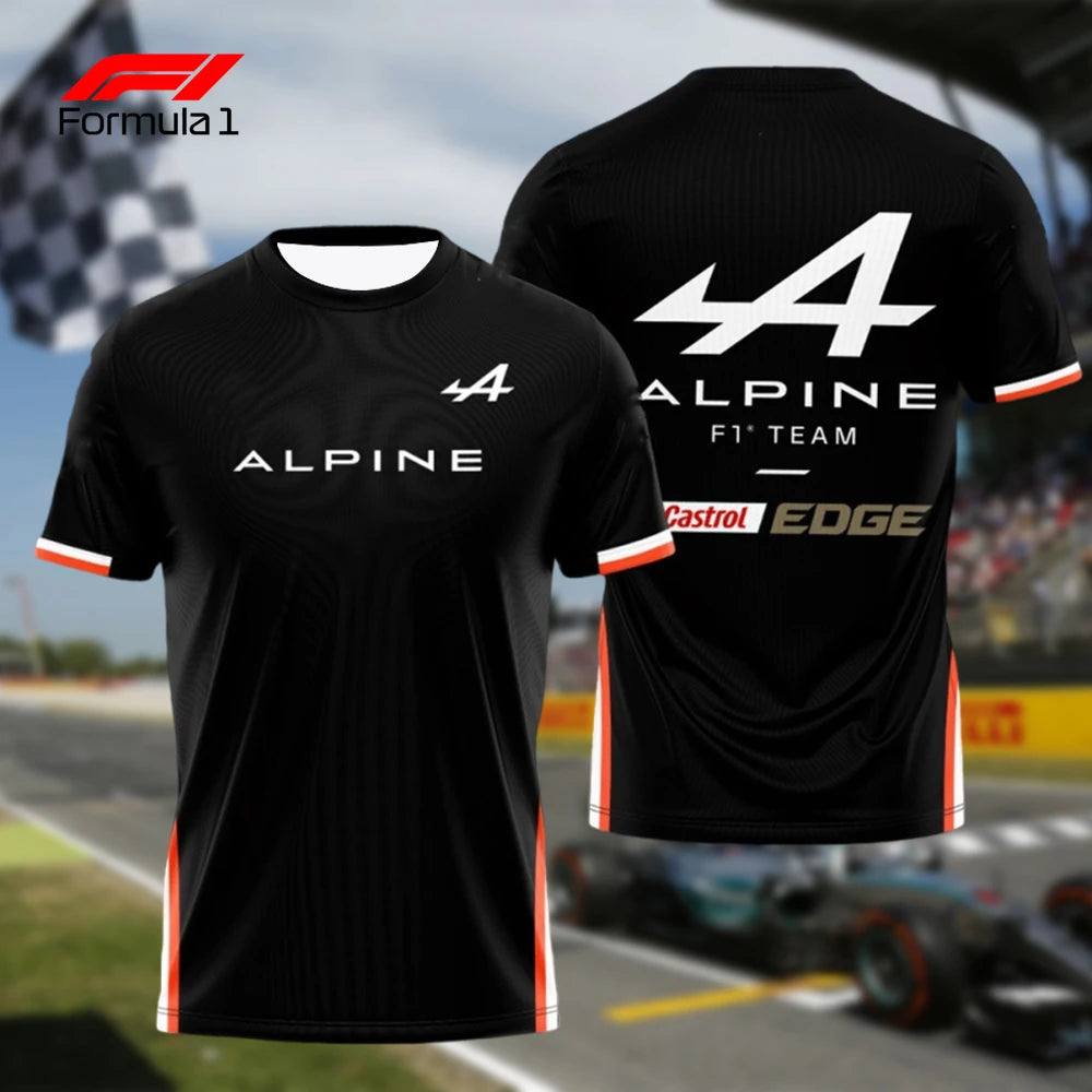 Black Alpine F1 Team shirt with white logo and red trim on sleeves and sides