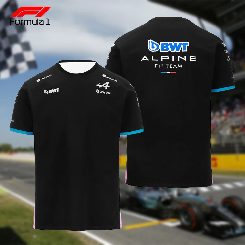 Black Alpine F1 team shirt with sponsor logos on front and back, blue sleeve edges