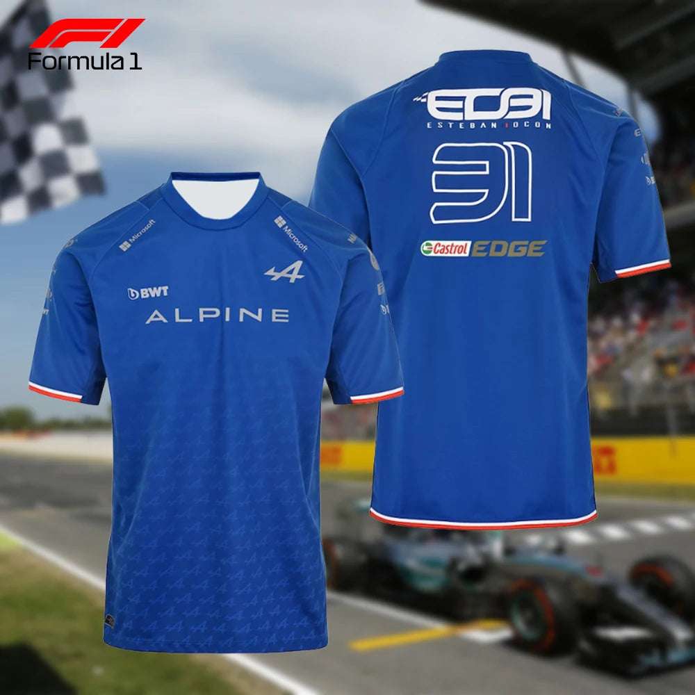 Blue Alpine F1 team shirt with sponsor logos and number 31 printed on the back
