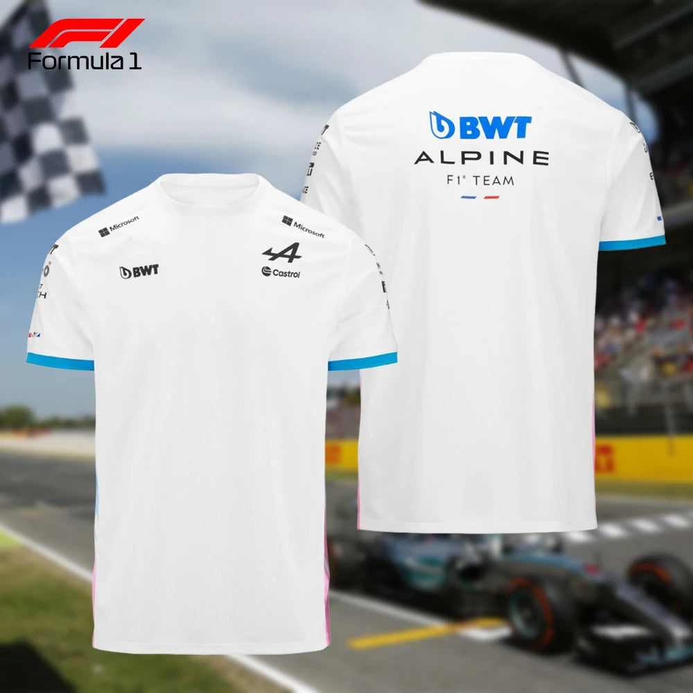 White Alpine F1 team shirt with sponsor logos and blue sleeve accents shown front and back