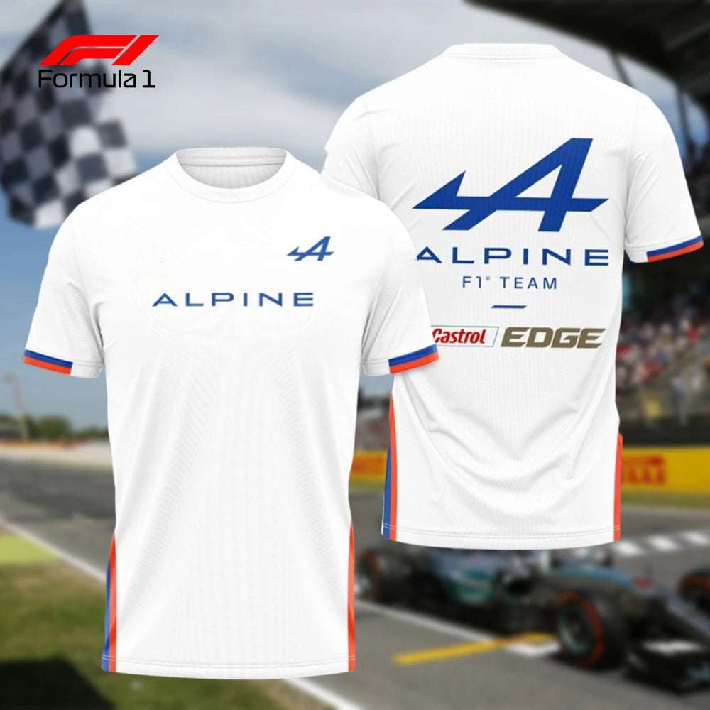 White Alpine F1 Team shirt with blue logo and red accents front and back view