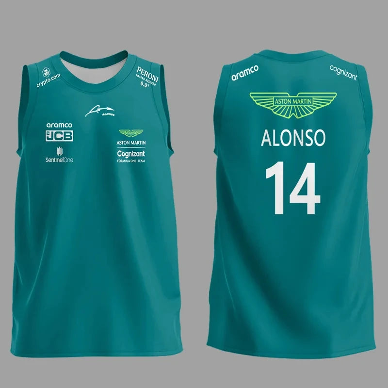 Aston Martin F1 tank top in teal with sponsor logos and Alonso number 14 on the back
