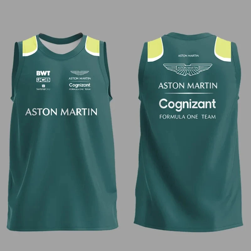 Green Aston Martin F1 tank top with sponsor logos and team branding on front and back