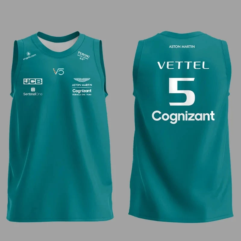 Aston Martin F1 tank top in teal featuring sponsor logos and Vettel number 5 on the back