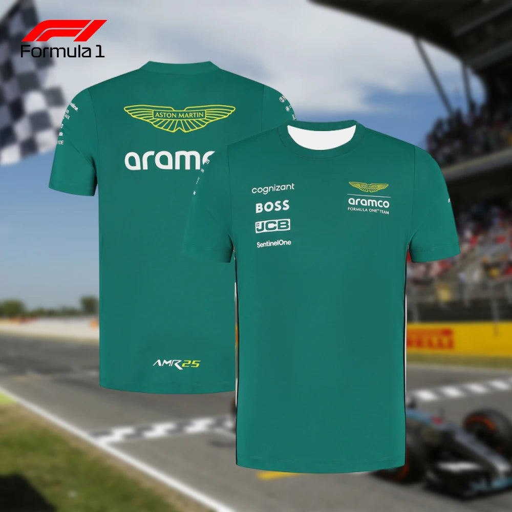Green Aston Martin F1 team shirt with sponsor logos front and back in racing background