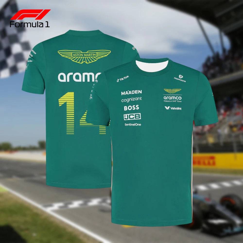 Green Aston Martin F1 team shirt with sponsor logos and racing number 14 front and back