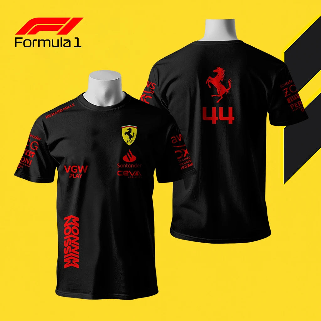 Black F1 Ferrari racing shirt with red logos and number 44 on front and back