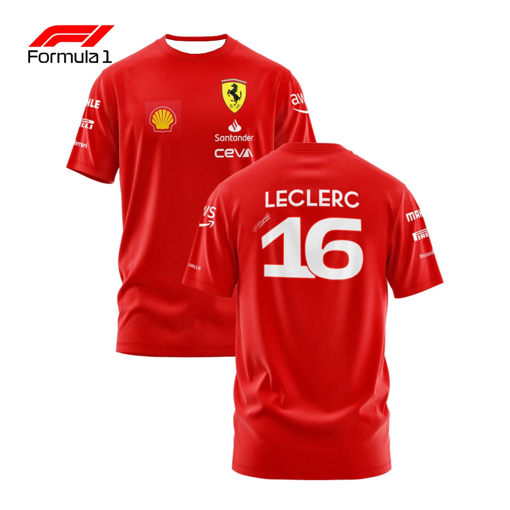 Ferrari F1 2025 team shirt in red with Leclerc 16 on the back and sponsor logos on front and sleeves