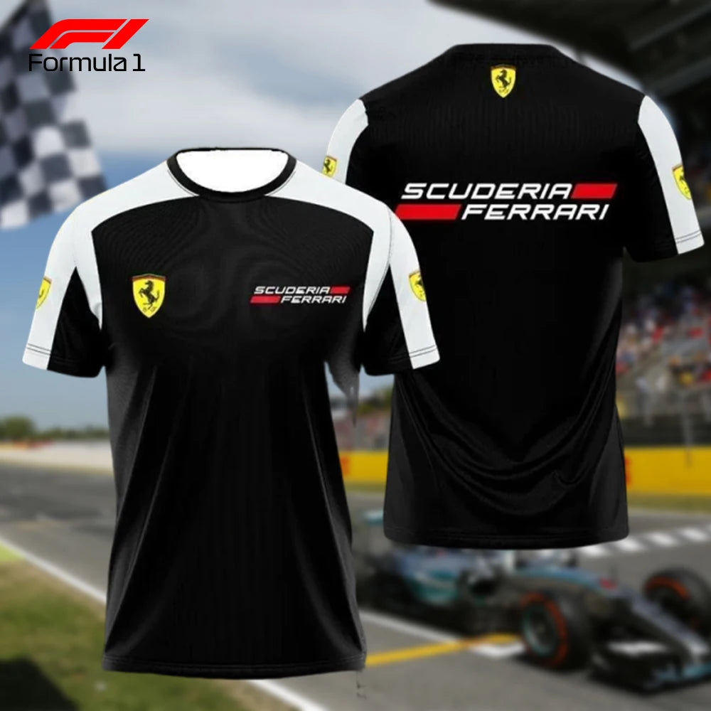 Black and white Ferrari F1 racing shirt with Scuderia Ferrari logo on front and back