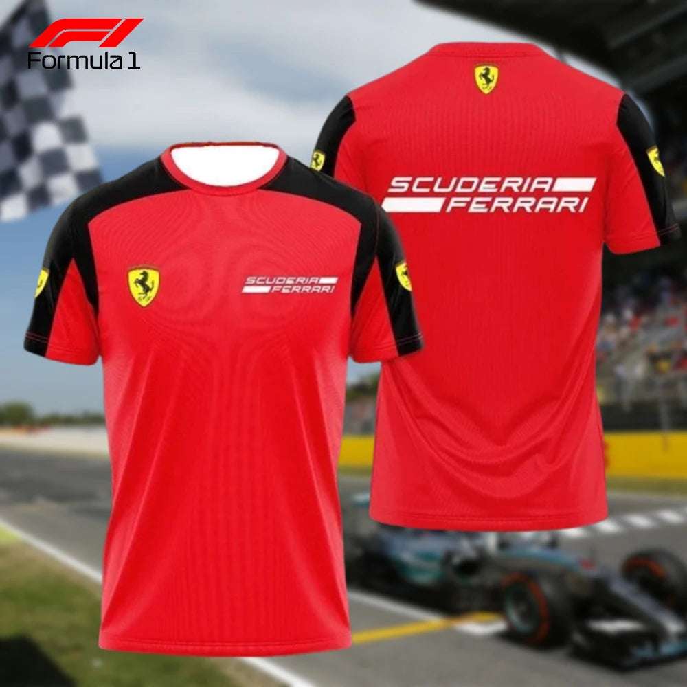 Red and black Ferrari F1 racing shirt with Scuderia Ferrari logos on front and back