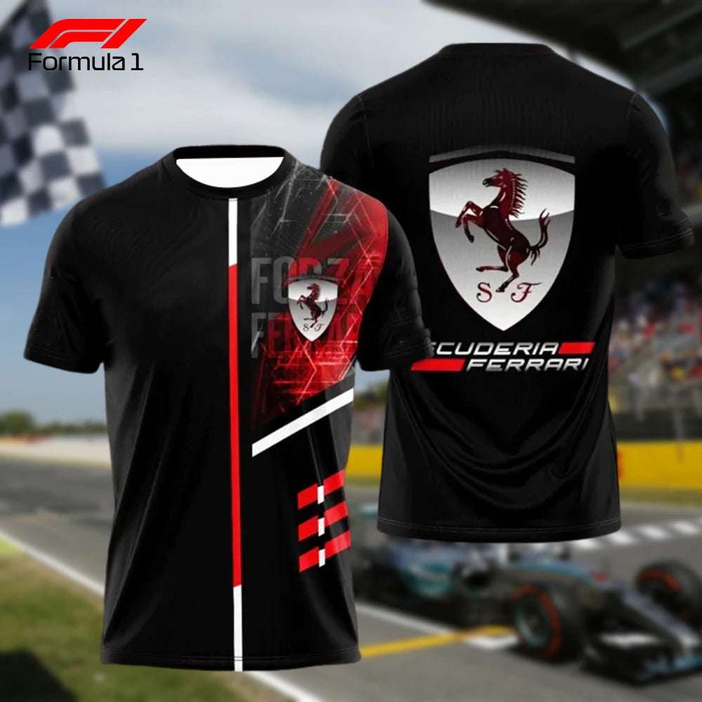 Black Ferrari F1 t-shirt featuring front and back Ferrari Scuderia logo design