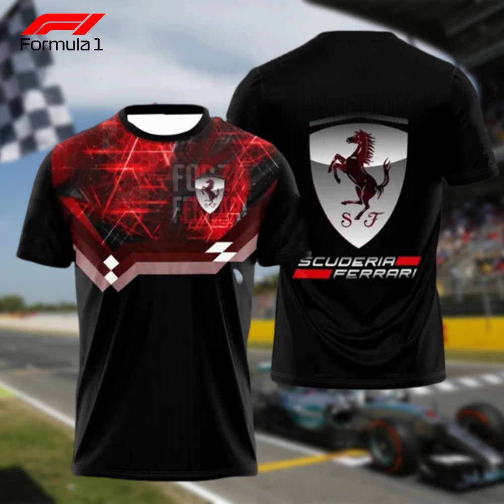 Black and red Ferrari F1 t-shirt with Scuderia Ferrari logo on front and back