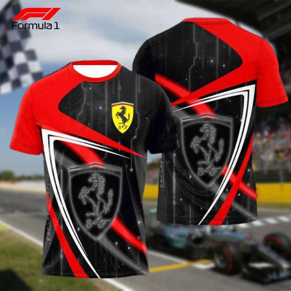 Black and red Ferrari F1 t-shirt with dynamic racing graphics and Ferrari logo on front and back
