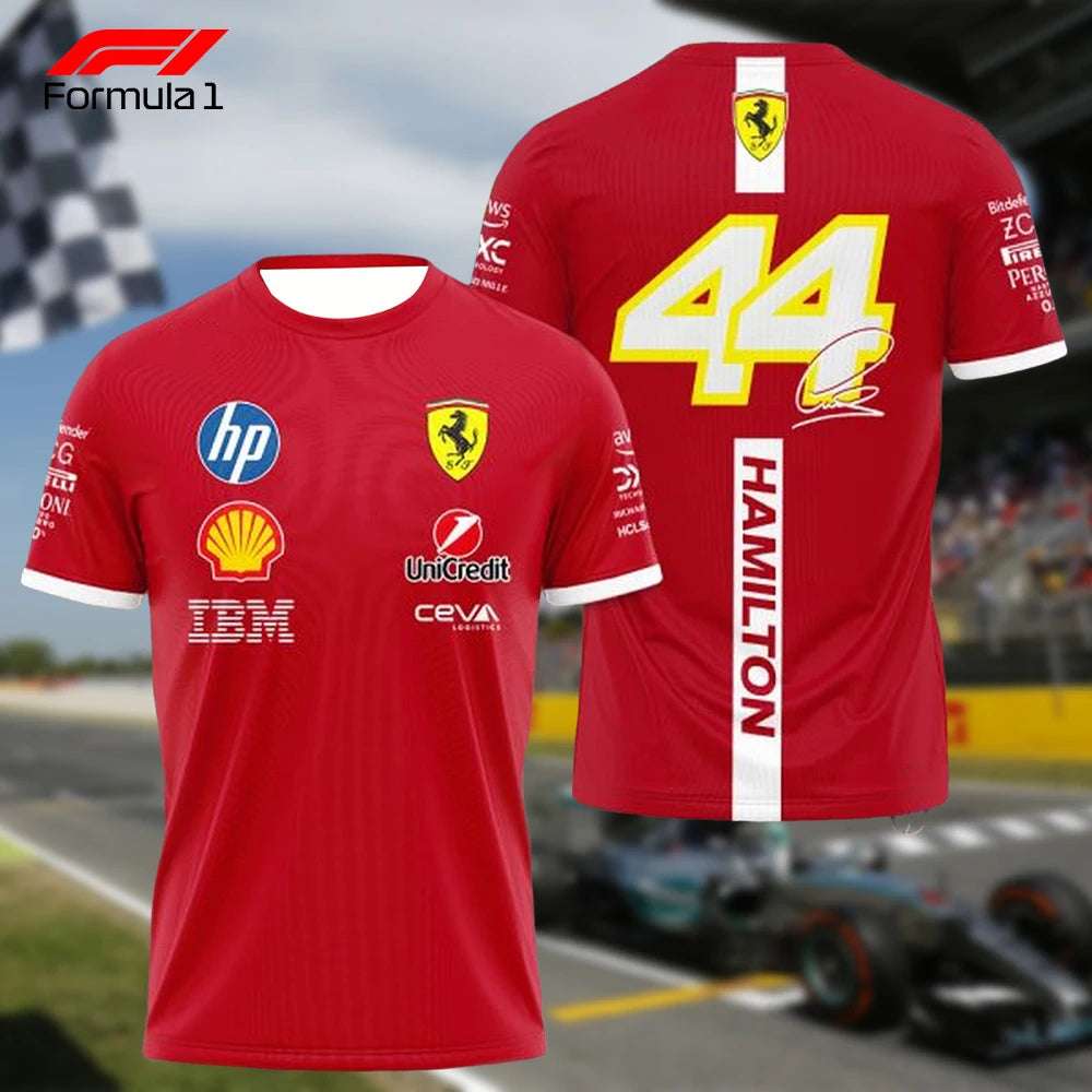 Ferrari F1 team t-shirt in red with sponsor logos front and back featuring number 44 and Hamilton name