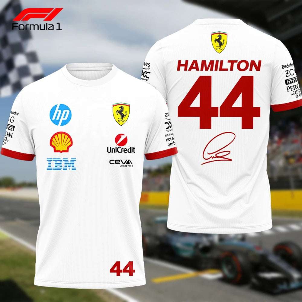 White Ferrari F1 team t-shirt with Hamilton 44 logo and sponsor branding front and back