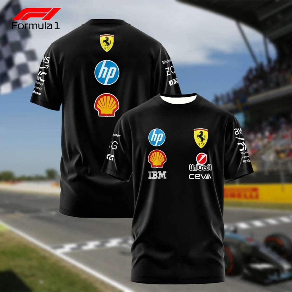 Black Ferrari F1 team uniform t-shirt with sponsor logos including HP, Shell, and IBM front and back