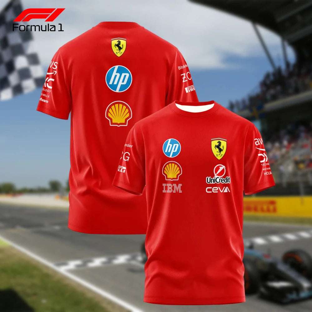Red Ferrari F1 team uniform with sponsor logos including HP Shell and UniCredit on race track background