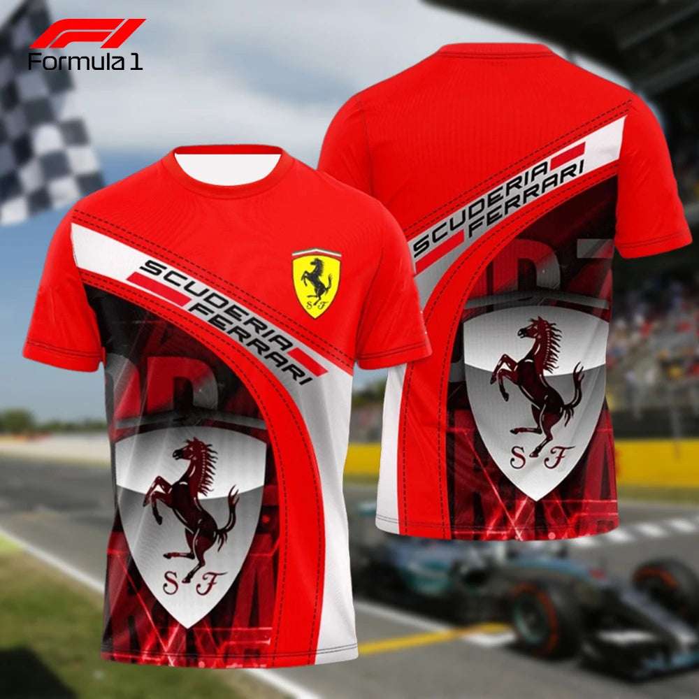 Red Ferrari F1 T-shirt with Scuderia Ferrari logo and horse emblem in racing design