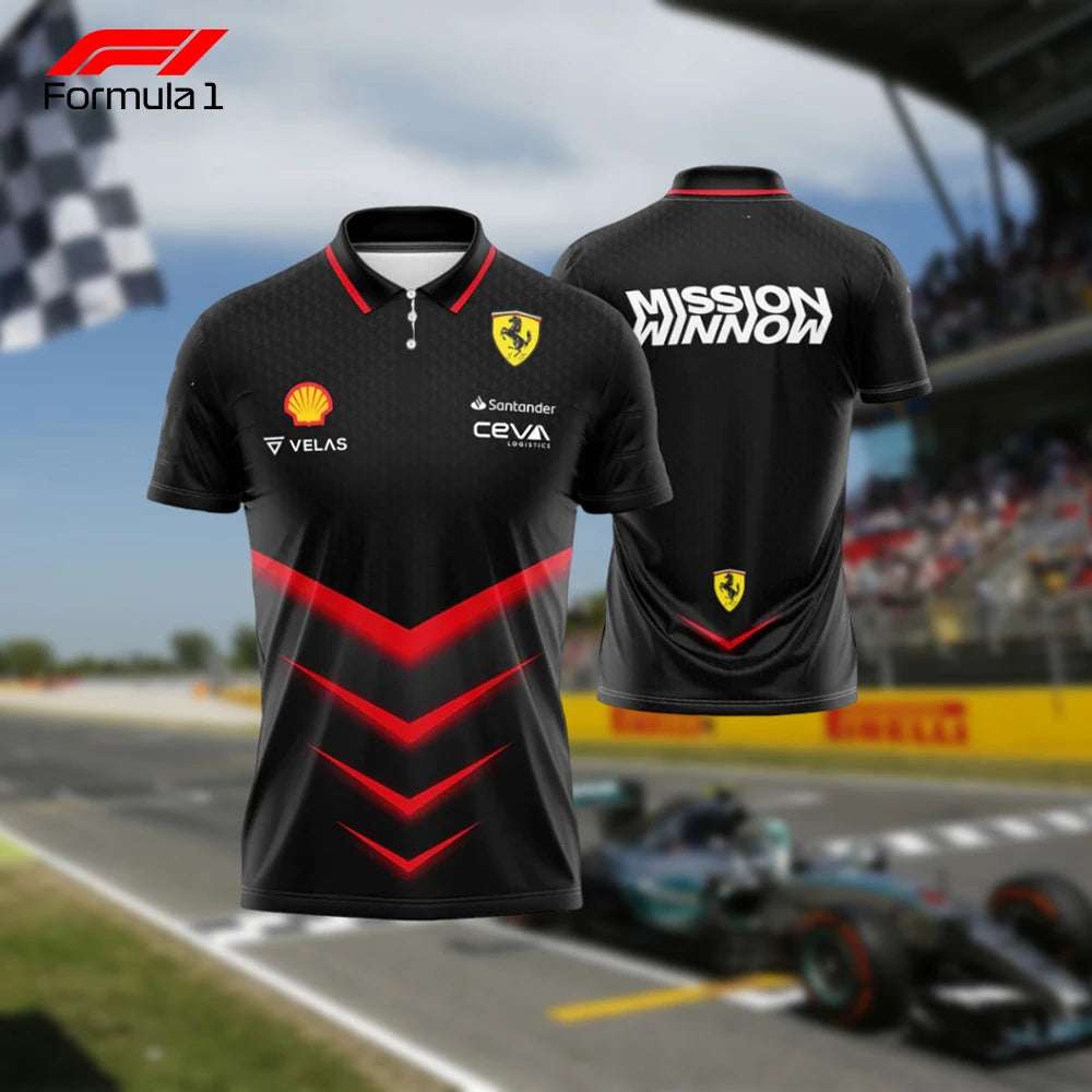 Black and red Formula 1 racing team shirt with sponsor logos and Mission Winnow branding