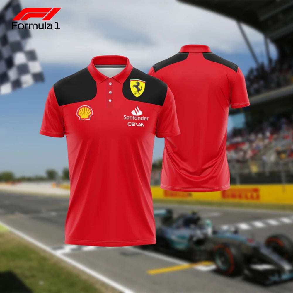 Red Formula 1 racing team shirt with black shoulder panels and sponsor logos front and back view