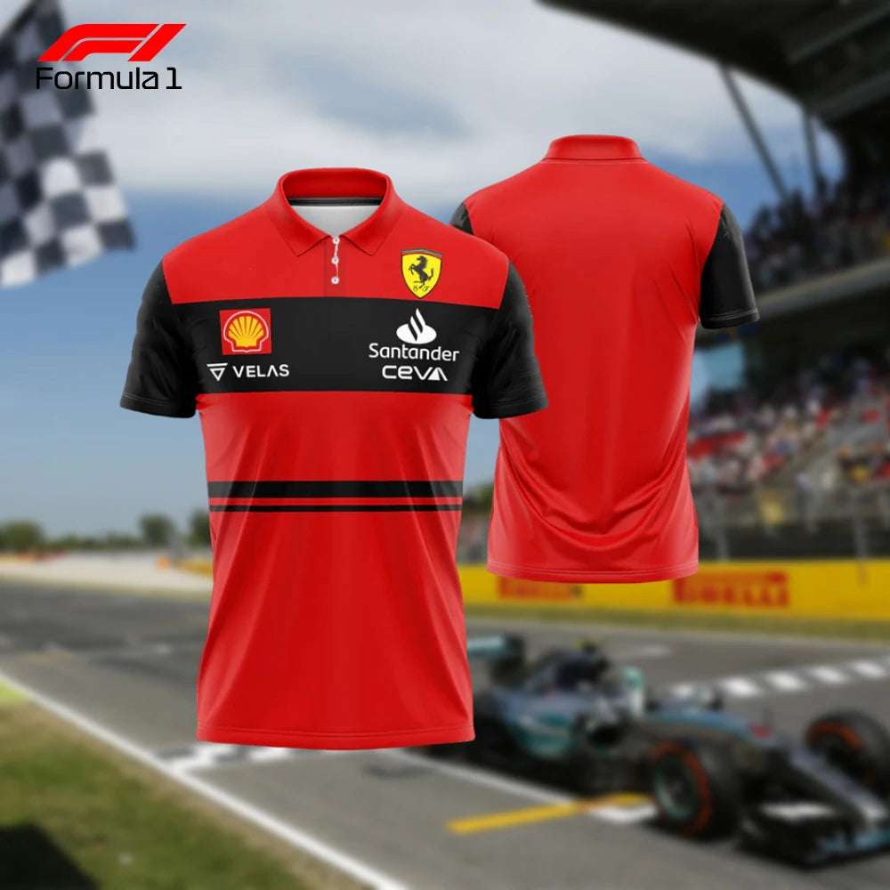 Red and black Formula 1 racing team shirt with sponsor logos and Ferrari emblem