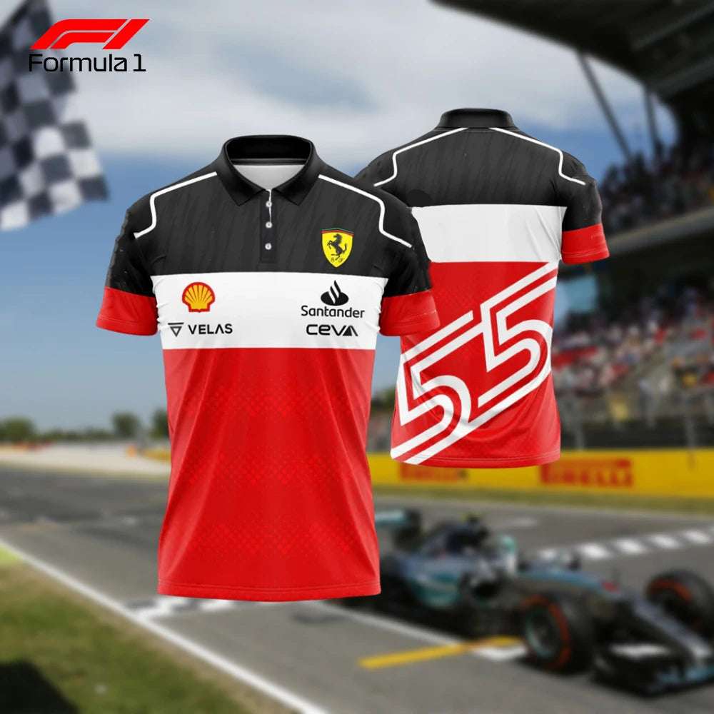 Red and black Formula 1 racing team shirt with sponsor logos and number 55 design