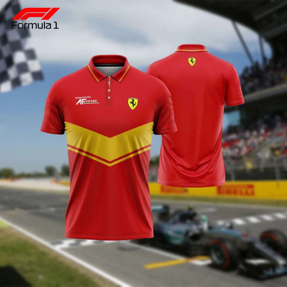 Red and yellow Formula 1 racing team shirt with Ferrari logo front and back