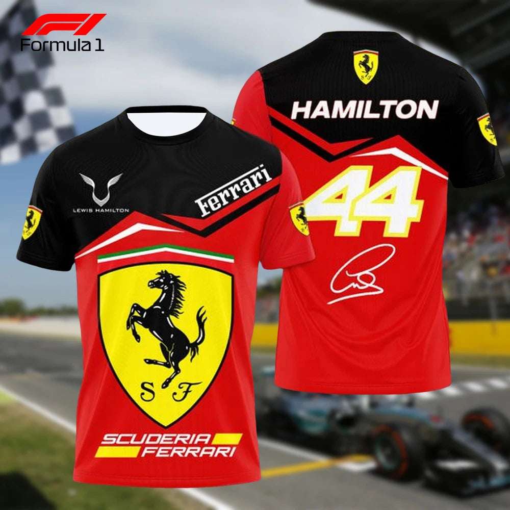 Front and back view of Ferrari Formula 1 team shirt with Lewis Hamilton branding and racing design