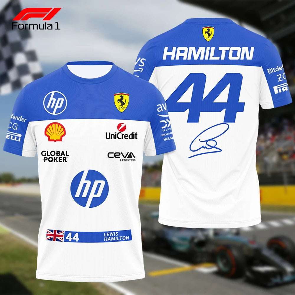 Ferrari Formula 1 team shirt featuring Lewis Hamilton number 44 with sponsor logos in blue and white