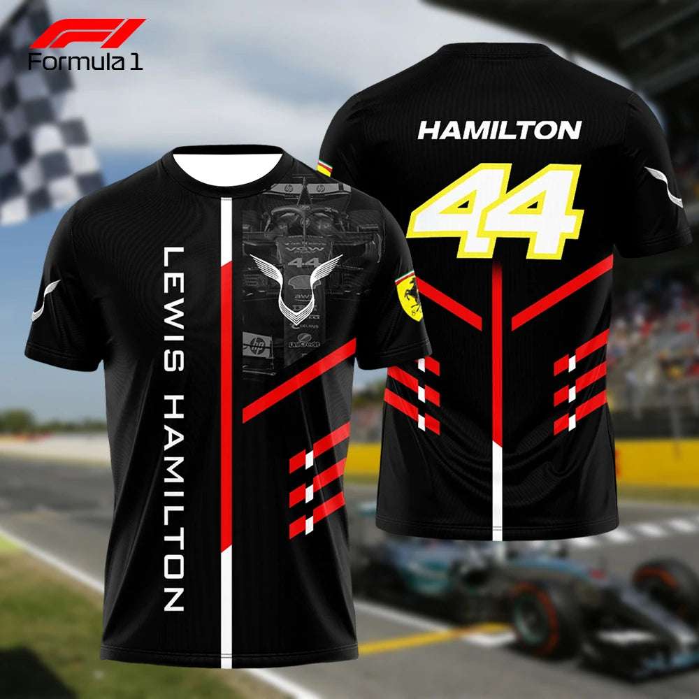 Lewis Hamilton Ferrari F1 T-shirt black short sleeve with racing number 44 and logo design