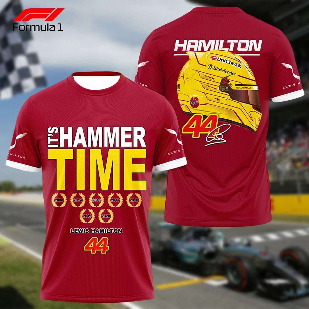 Lewis Hamilton Ferrari F1 T-shirt in red with yellow helmet graphic and racing themed design