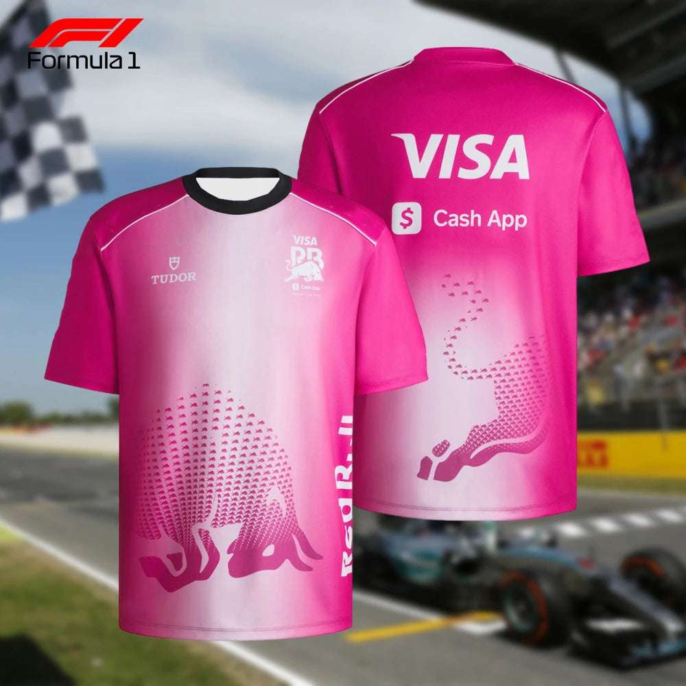 Pink Formula 1 VisaCash T-shirt with Red Bull and Cash App logos front and back