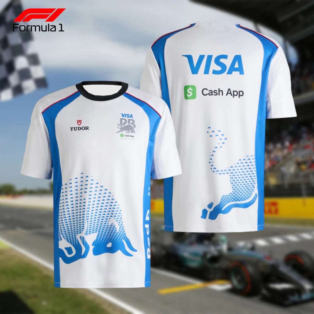 Front and back view of Formula 1 VisaCash T-shirt in white with blue accents and sponsor logos