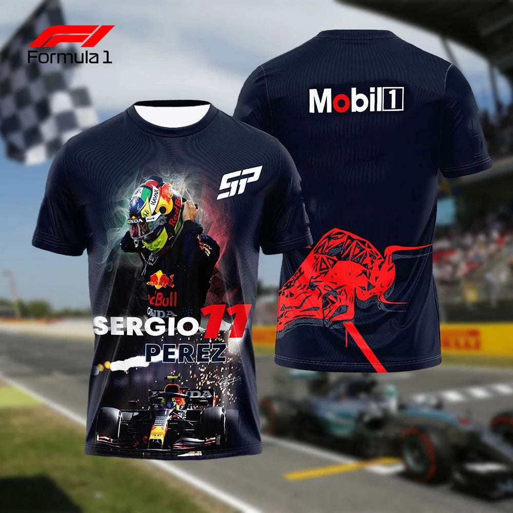 Black Sergio Perez F1 champion t-shirt featuring race car and driver graphics on front and sponsor logos on back