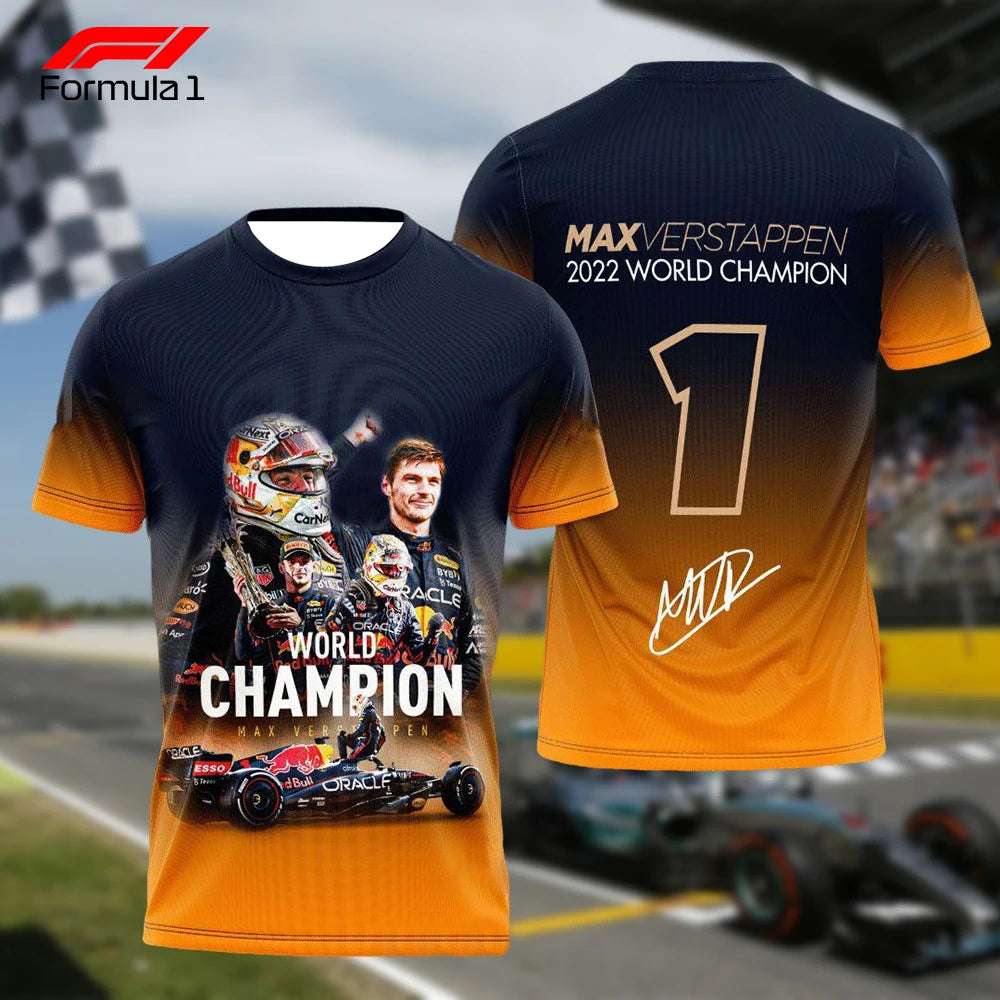 Max Verstappen world champion tee with vibrant orange and navy design featuring racing images and 2022 championship text