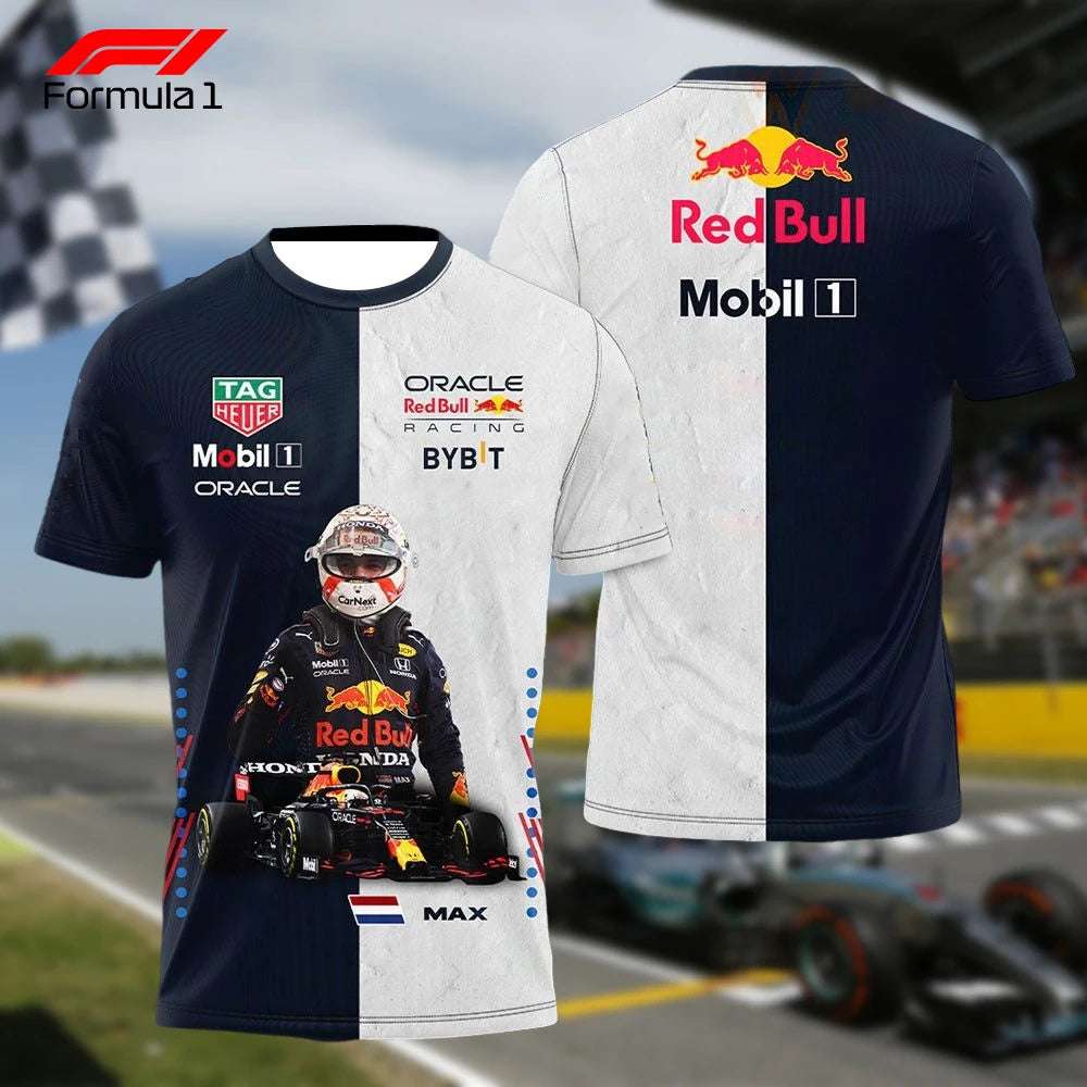 Max Verstappen world champion tee featuring front and back racing design with sponsor logos