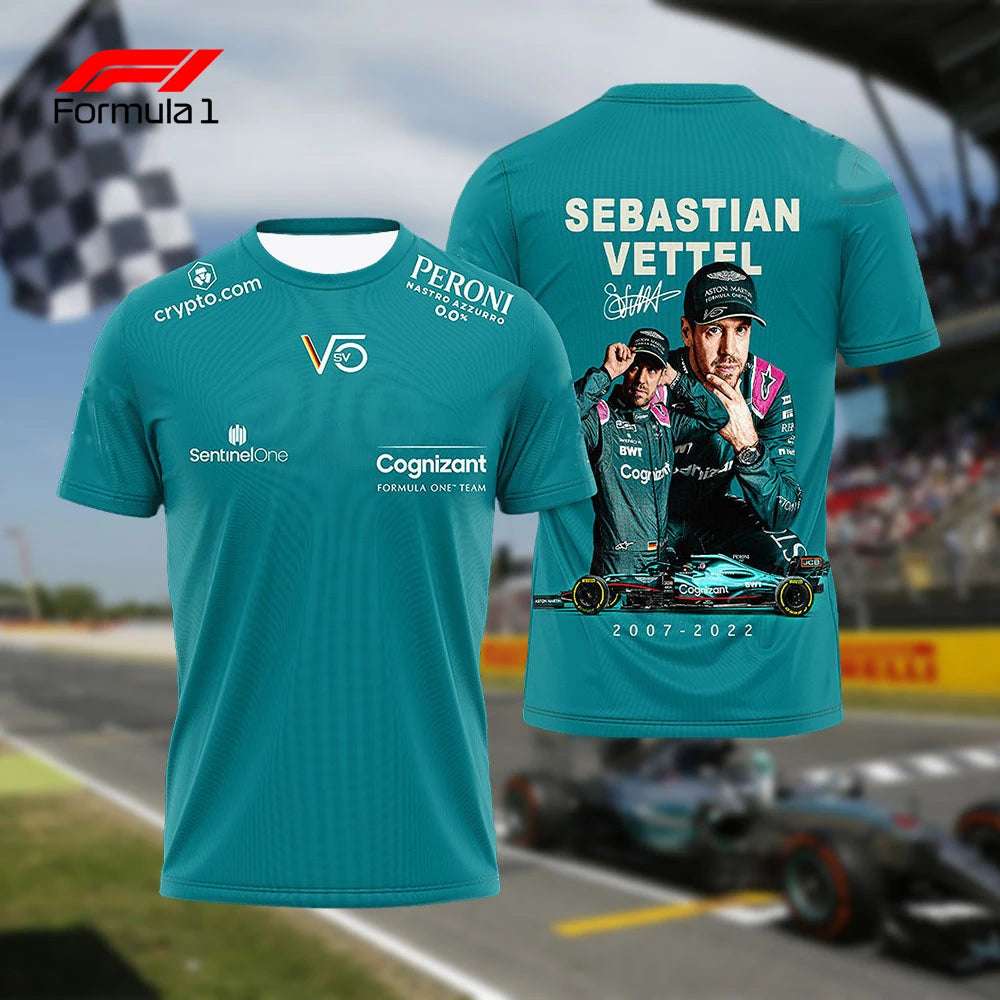 Sebastian Vettel F1 shirt teal color with front sponsor logos and back design featuring Vettel and racing car
