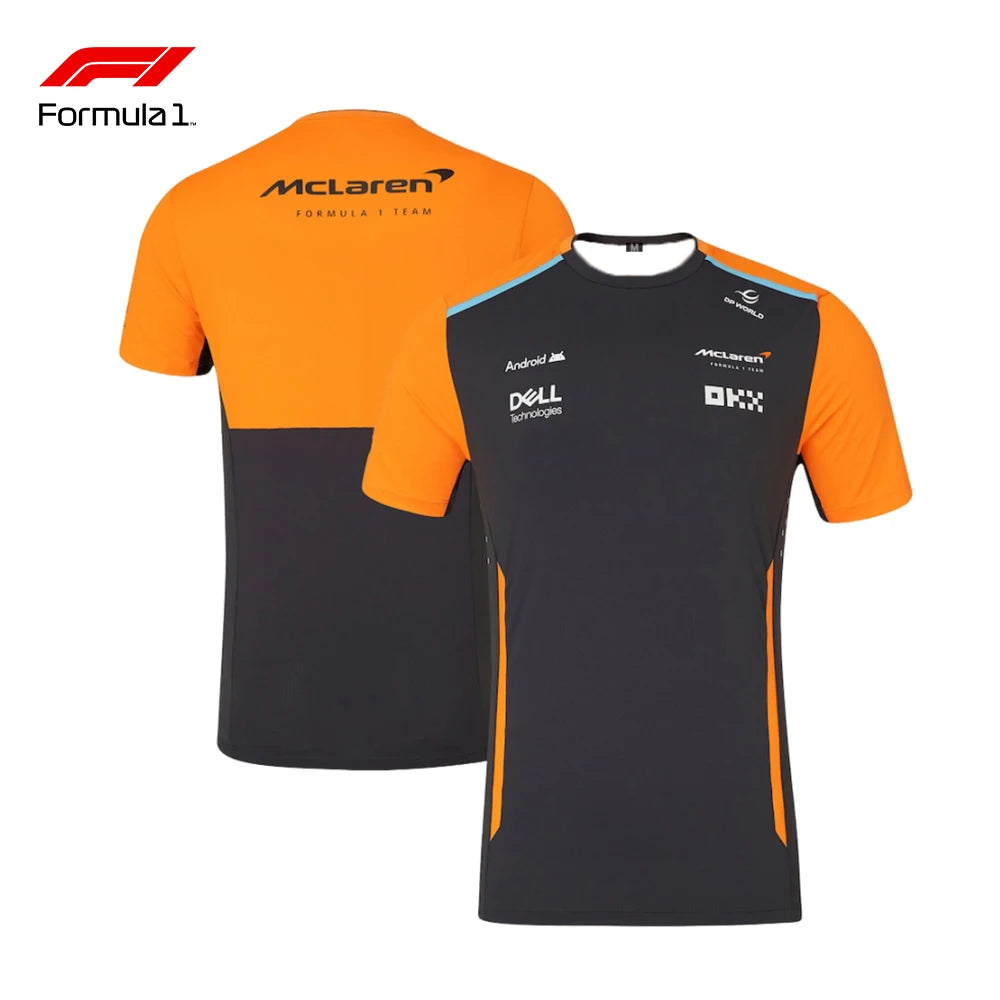 Lando Norris racing t-shirt in black and orange with McLaren and sponsor logos front and back