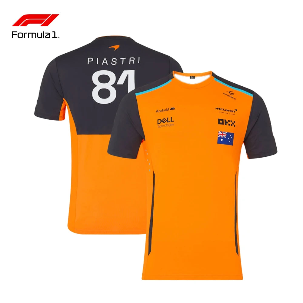 Orange and black Lando Norris racing t-shirt front and back with sponsor logos and number 81