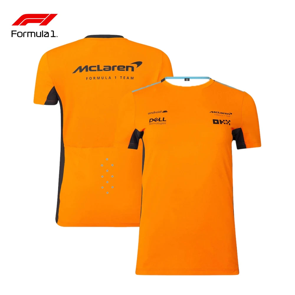 Orange McLaren Formula 1 Team Lando Norris racing t-shirt with sponsor logos front and back