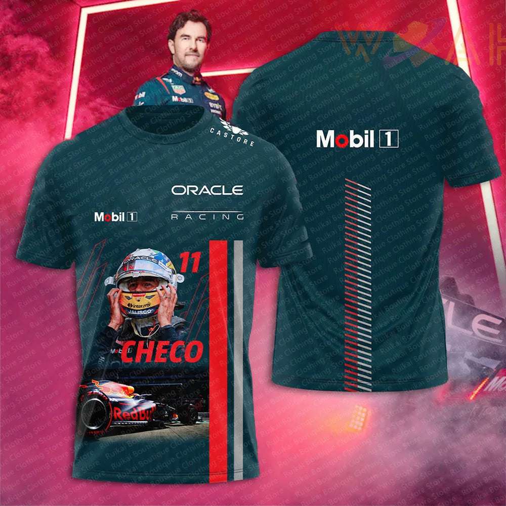 Oracle F1 team merchandise black racing t-shirt with Checo helmet and Red Bull car design