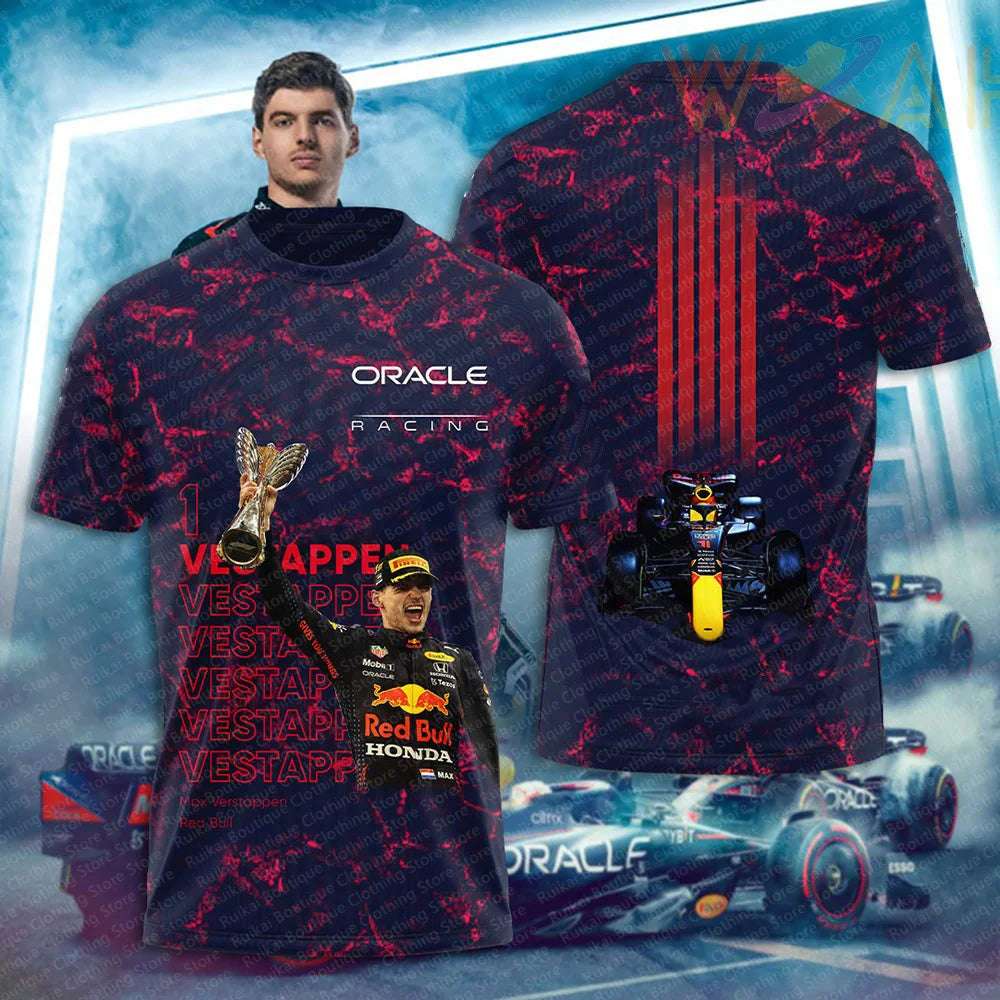 Front and back view of Oracle F1 team merchandise T-shirt featuring Red Bull Racing driver and car graphics