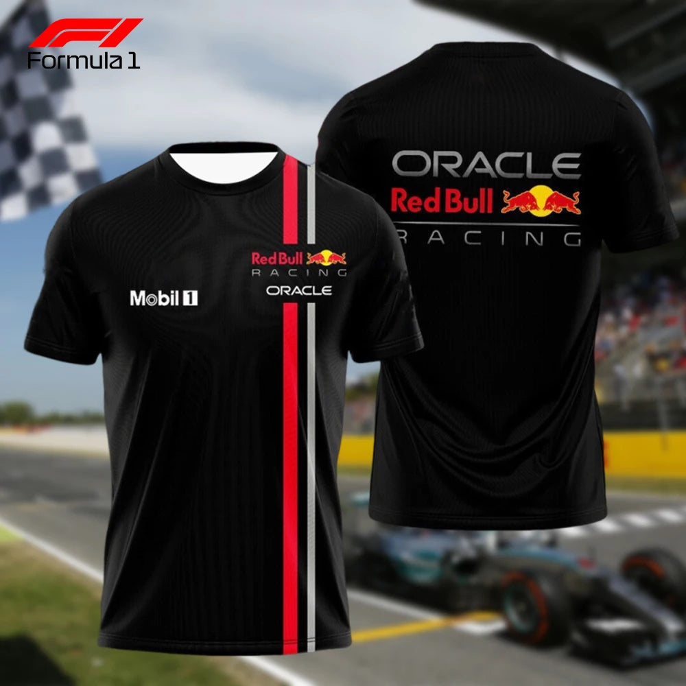Red Bull Racing F1 shirt black with red and white stripes and sponsor logos on front and back