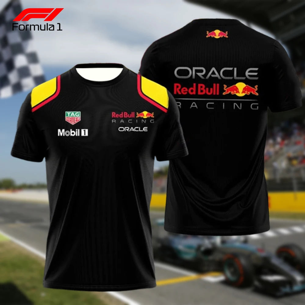 Red Bull Racing F1 shirt in black with yellow shoulder accents and sponsor logos front and back